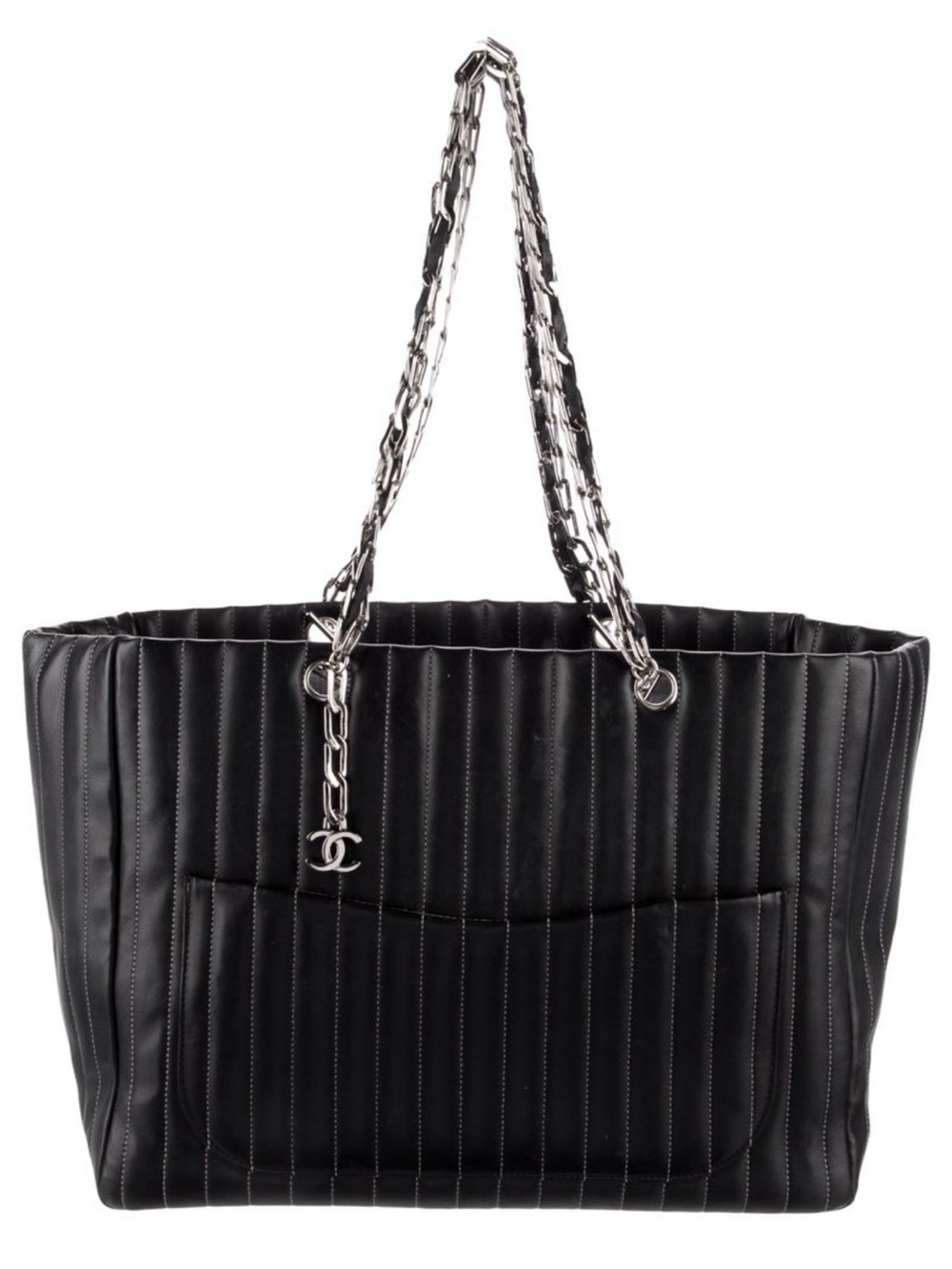 Chanel Mademoiselle Ligne Black leather Tote Vertical Quilt wSilver Chain Straps